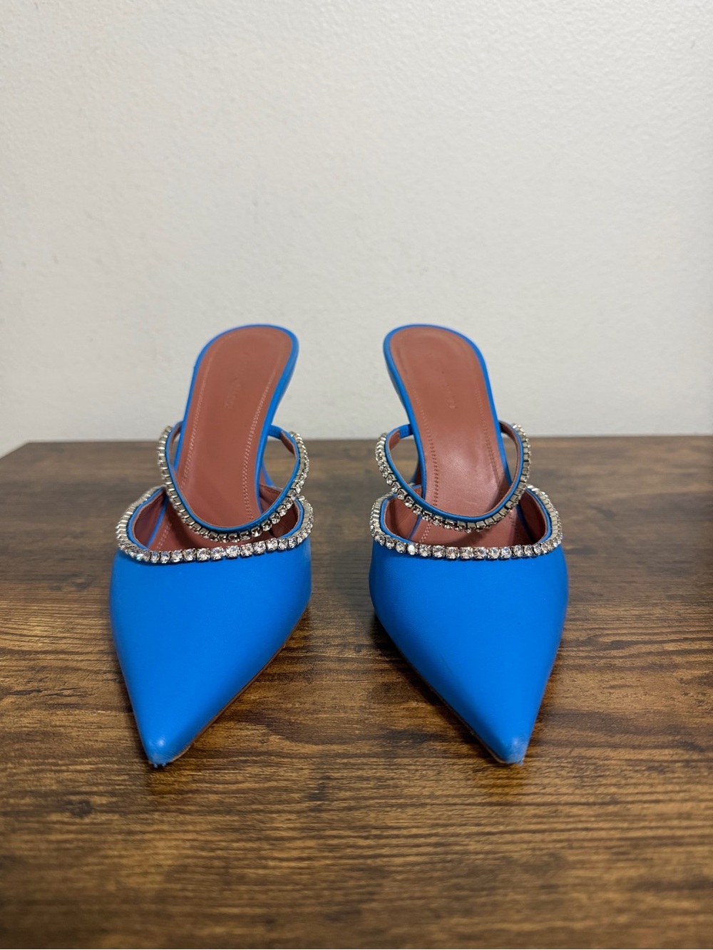 Amina Muaddi Blue Rhinestone Crystal Pointed Toe Mule Heels